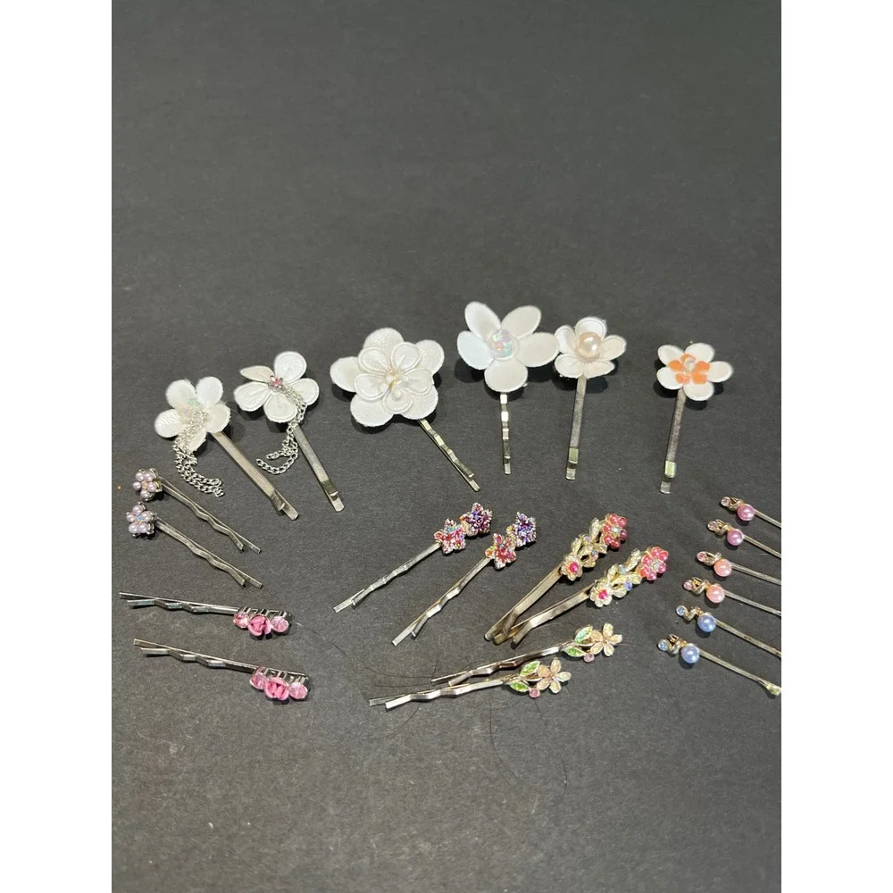 Vintage Style Floral Hair Pin Lot 22  Rhinestone Pearl Flower Bobby Pins Set